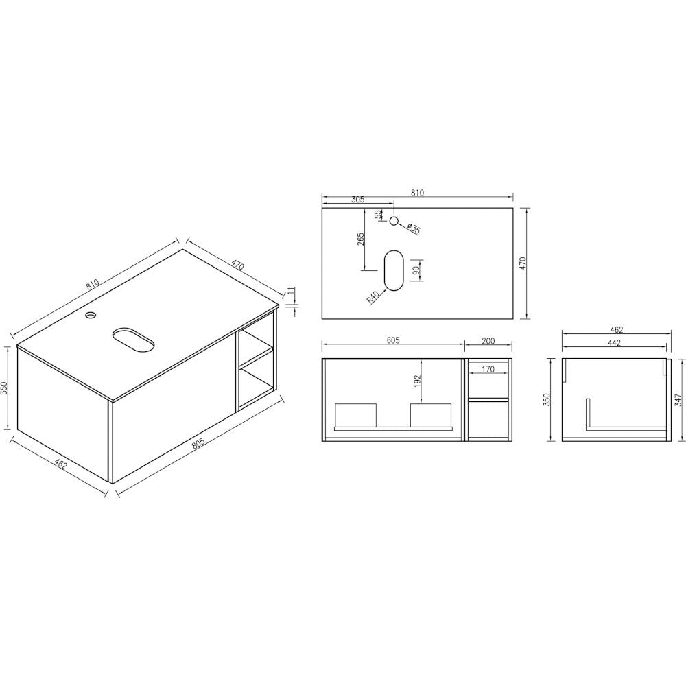 Fairford Sophia Country Oak 800mm Wall Hung Vanity Unit with Right Hand Storage and Worktop