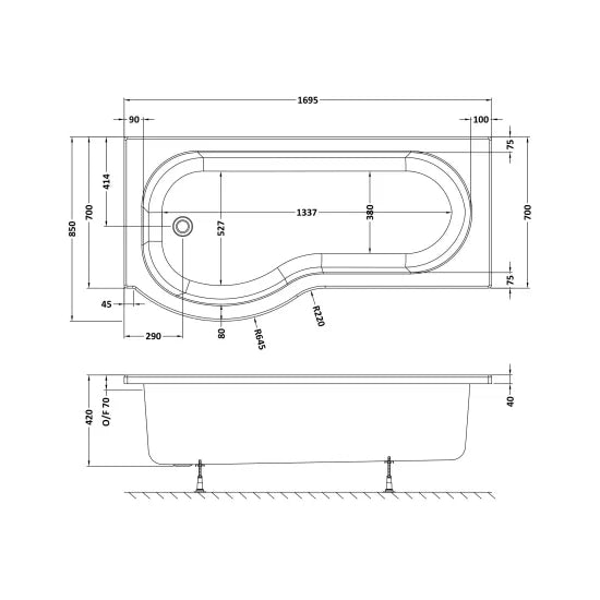Fairford 1700 x 850 LH P Shape Bath with Screen and Panel