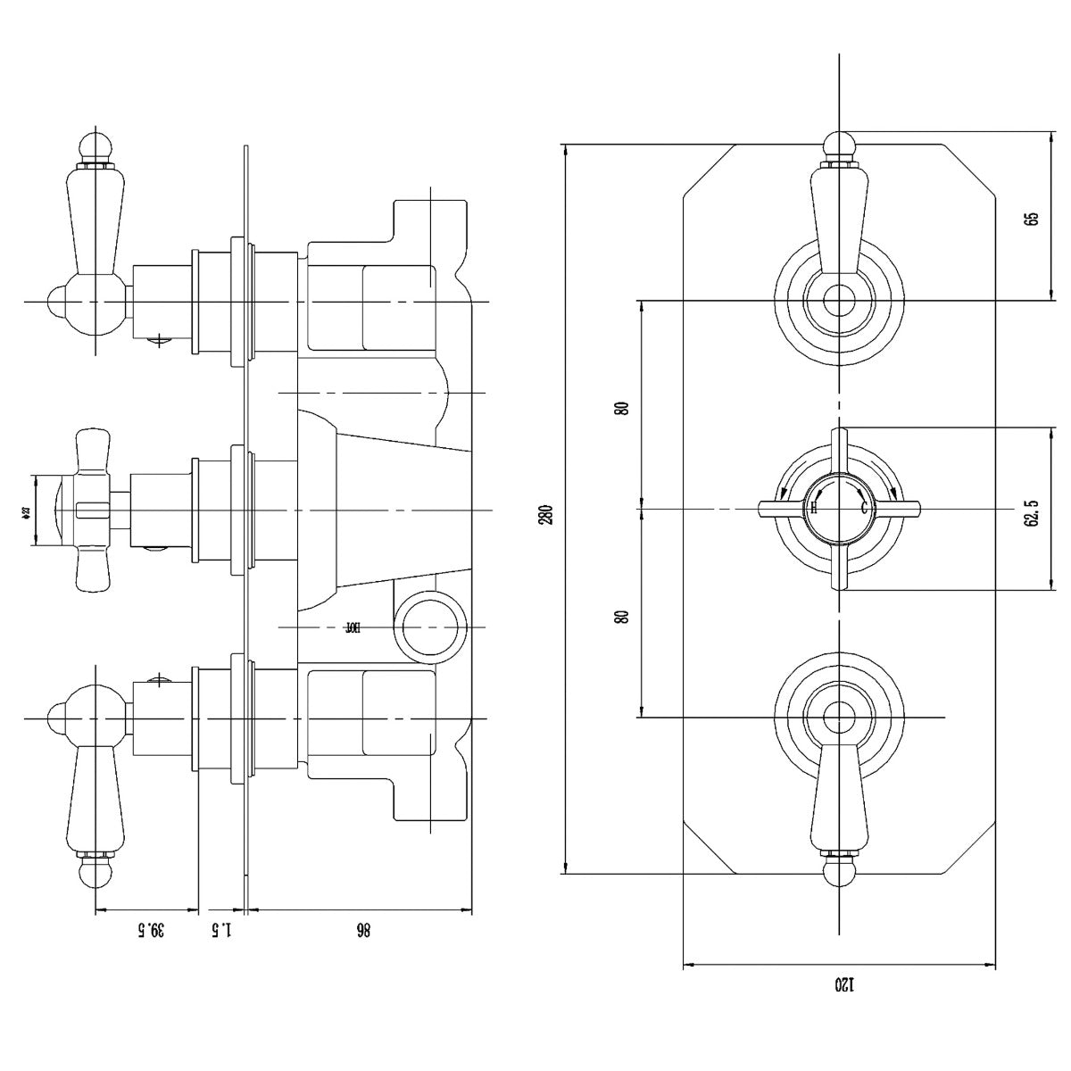 Fairford Bolsover Concealed Triple Shower Valve, 2 Outlet