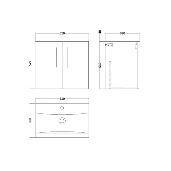 Fairford Aspri Black Woodgrain 600mm 2 Door Wall Hung Vanity Unit