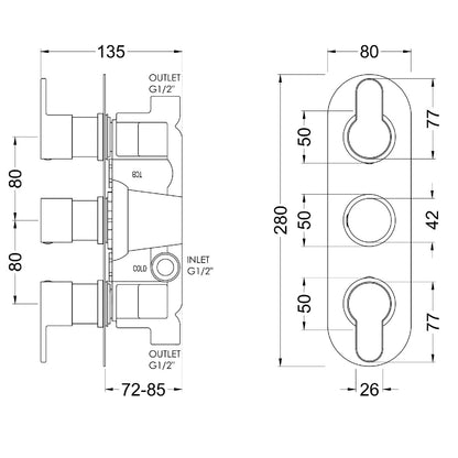 Fairford Element 10 Matt Black Round Concealed Triple Shower Valve, 2 Outlet