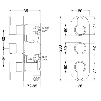 Fairford Element 10 Brushed Brass Round Concealed Triple Shower Valve with Diverter, 3 Outlet