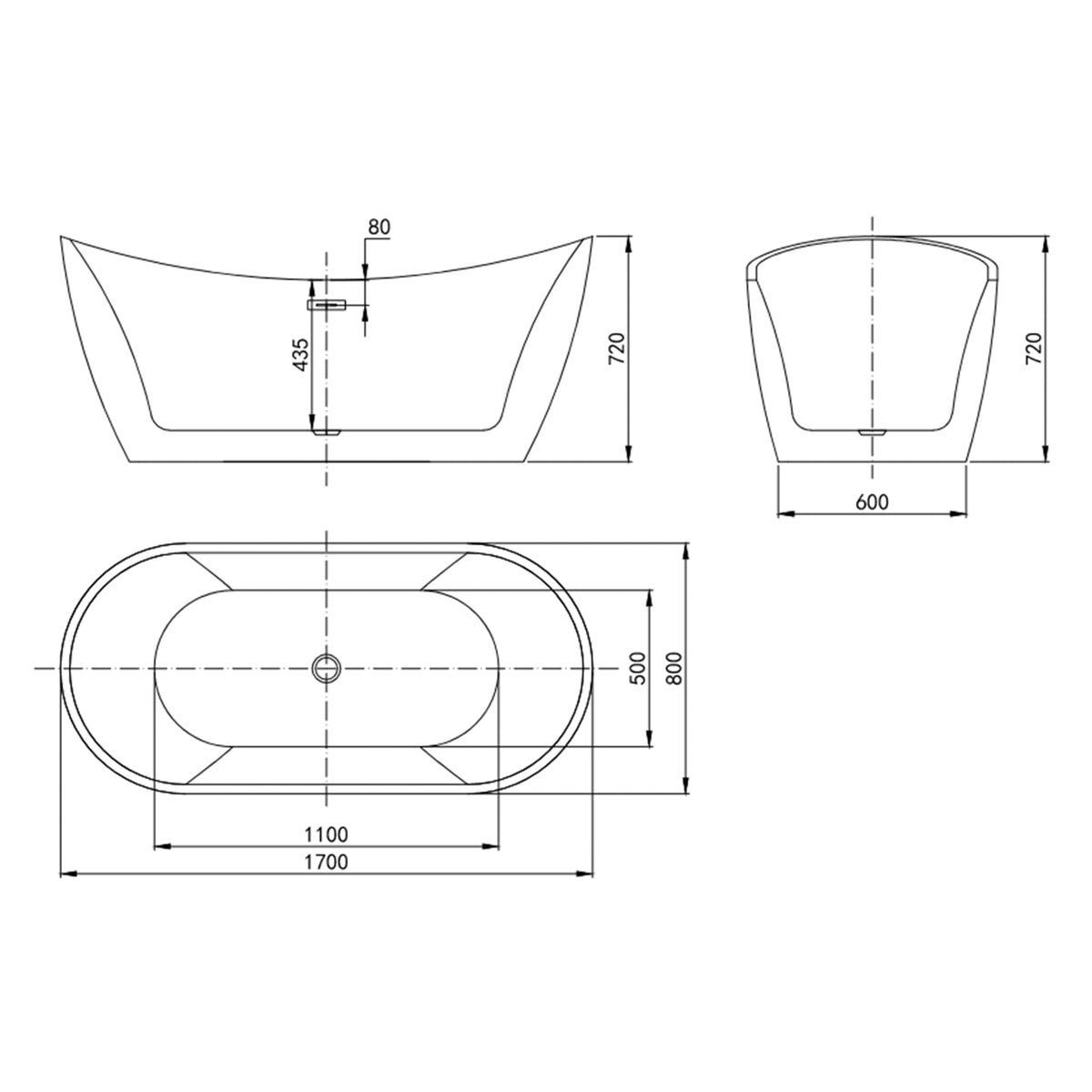 Rivato Assisi 1700mm x 800mm x 720mm Gloss White Freestanding Shower Bath