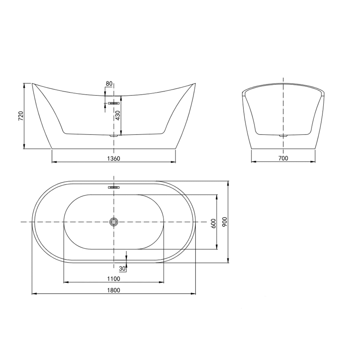 Rivato Assisi 1800mm x 900mm x 720mm Gloss White Freestanding Shower Bath