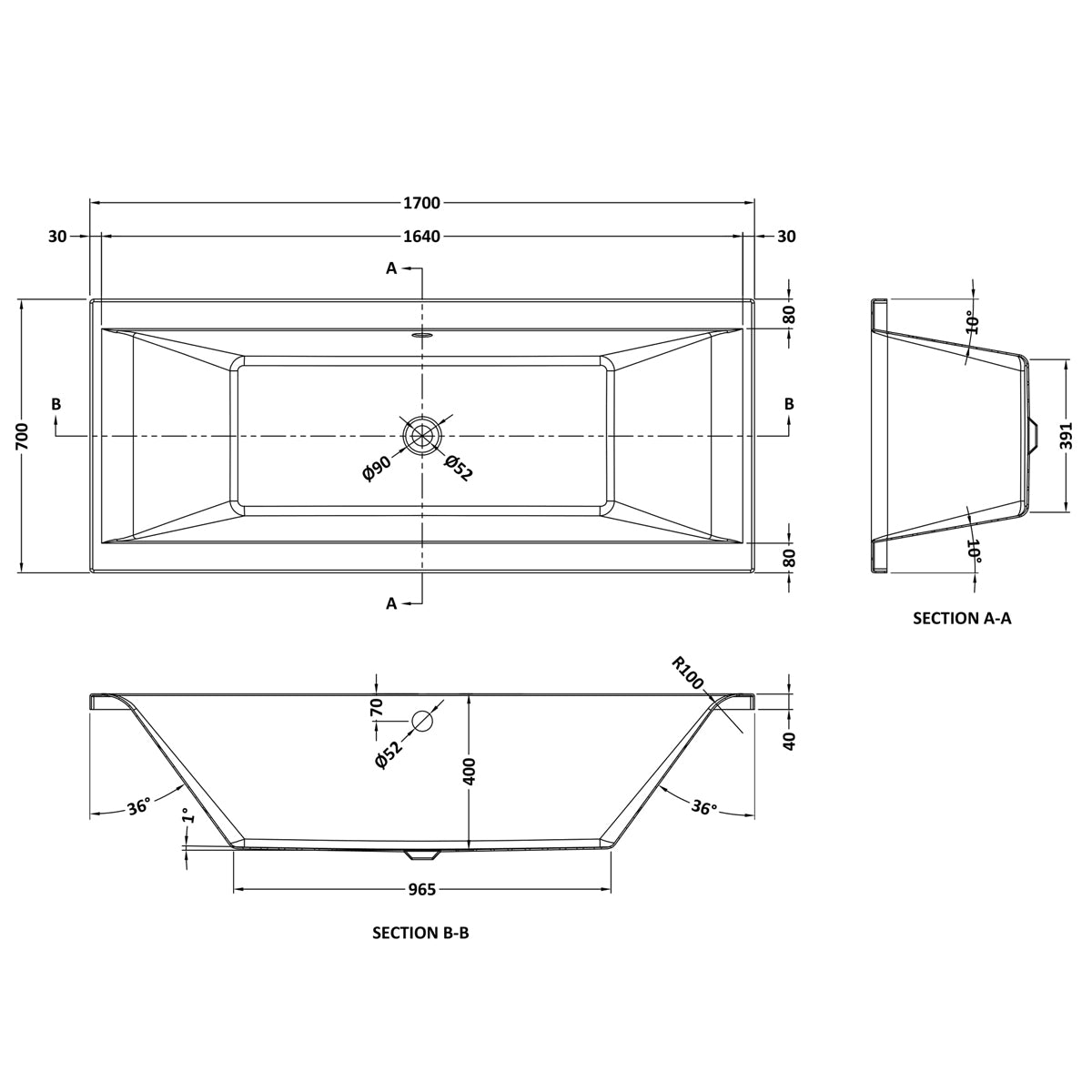 Fairford Onero Pro Reinforced 1700 x 700mm Double Ended Straight Bath
