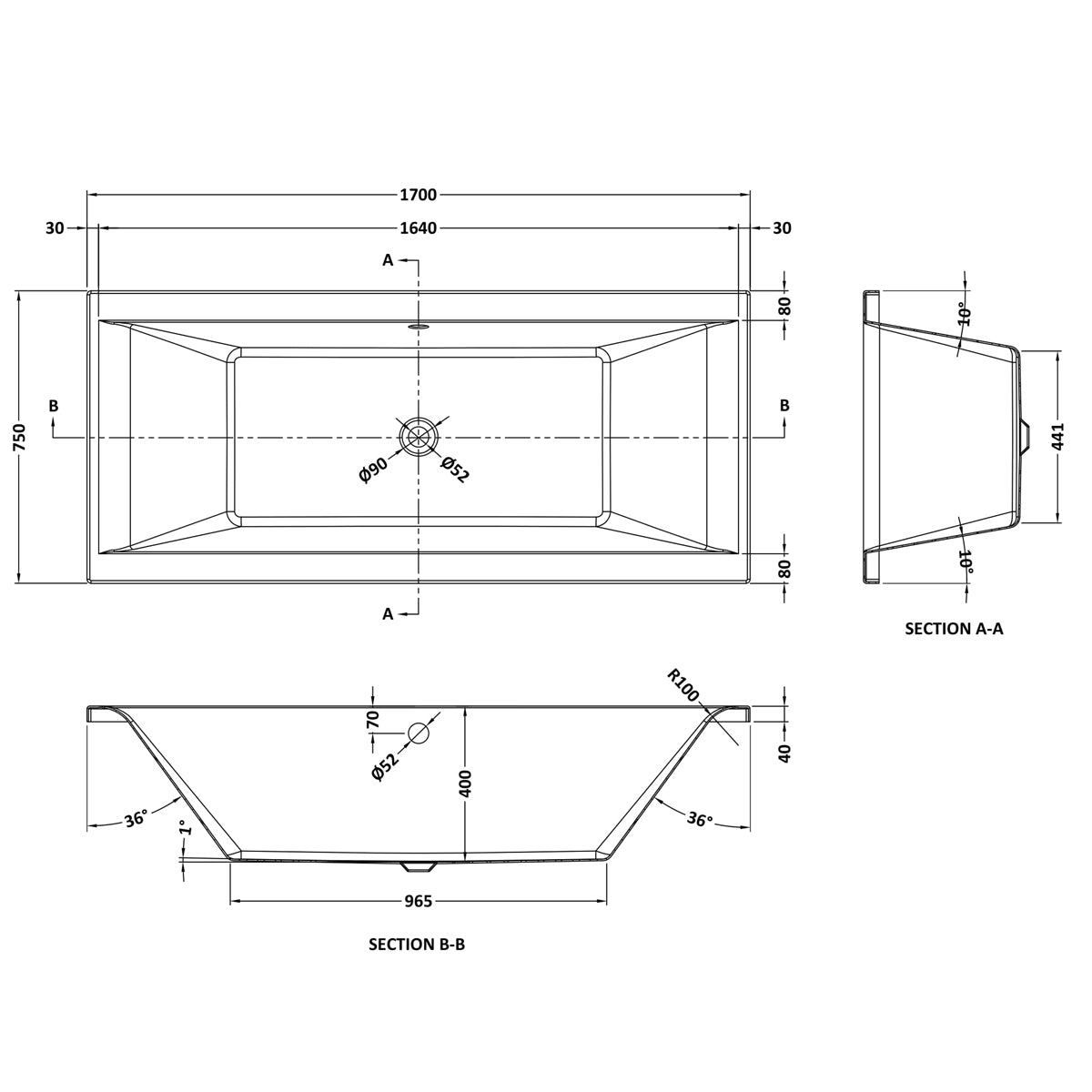 Fairford Onero Pro Reinforced 1700 x 750mm Double Ended Straight Bath