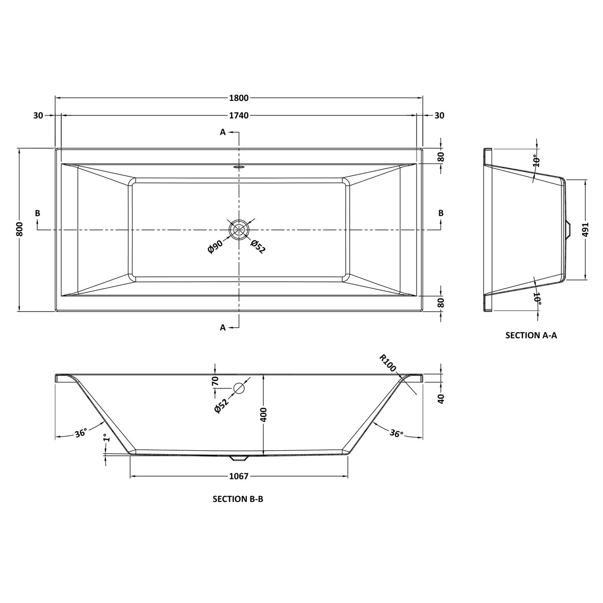 Fairford Onero Pro Reinforced 1800 x 800mm Double Ended Straight Bath