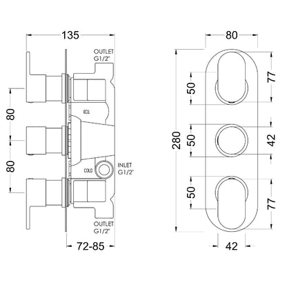Fairford Element 10 Pure Chrome Round Concealed Triple Shower Valve, 2 Outlet