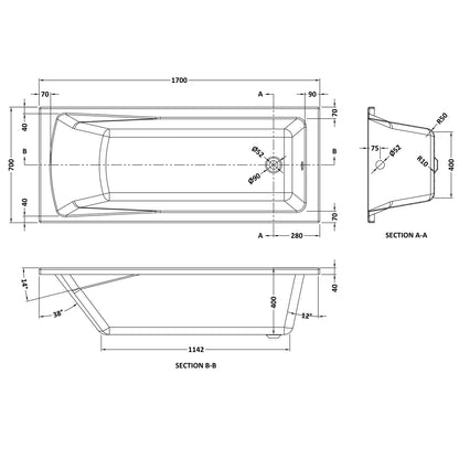 Fairford Dunsford Pro Reinforced 1700 x 700mm Single Ended Straight Bath