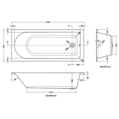 Fairford Novus Pro Reinforced 1700 x 750mm Single Ended Straight Bath
