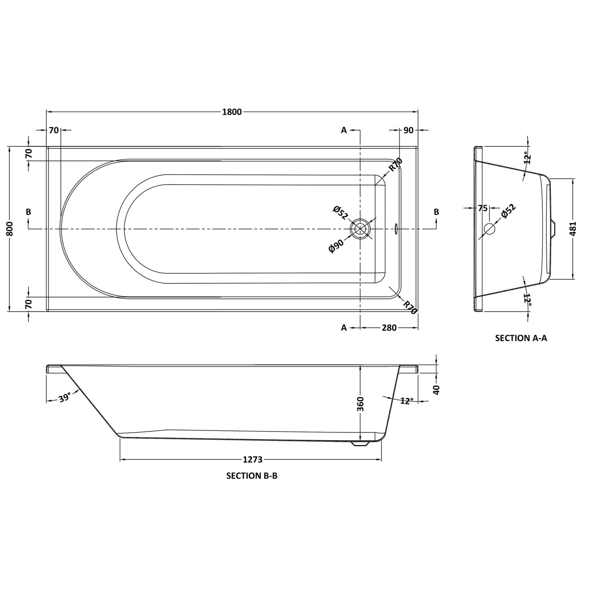 Fairford Novus Pro Reinforced 1800 x 800mm Single Ended Straight Bath