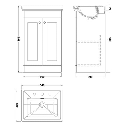 Fairford Laurel 500mm Floor Standing Satin White Vanity Unit - 3 Tap Hole
