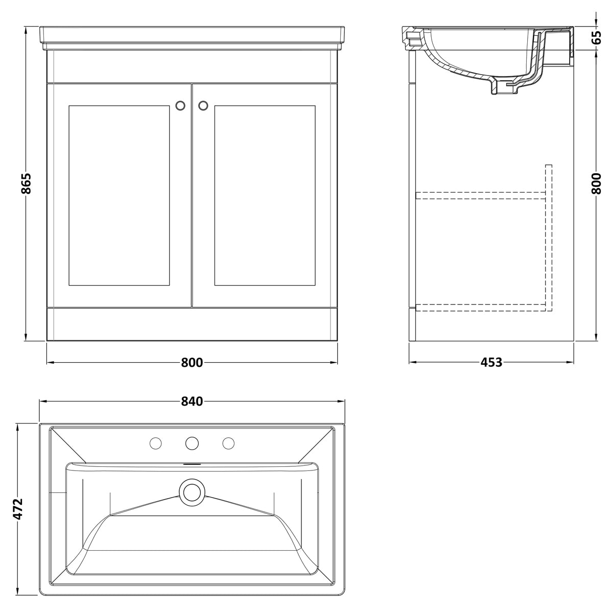 Fairford Laurel 800mm Floor Standing Satin White Vanity Unit - 3 Tap Hole