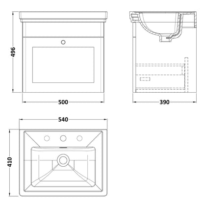 Fairford Laurel 500mm Wall Hung Satin White Vanity Unit - 3 Tap Hole