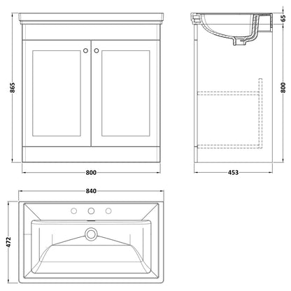 Fairford Laurel 800mm Floor Standing Satin Grey Vanity Unit - 3 Tap Hole