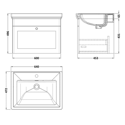 Fairford Laurel 600mm Wall Hung Satin Grey Vanity Unit - 1 Tap Hole