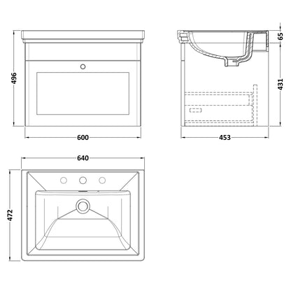 Fairford Laurel 600mm Wall Hung Satin Grey Vanity Unit - 3 Tap Hole