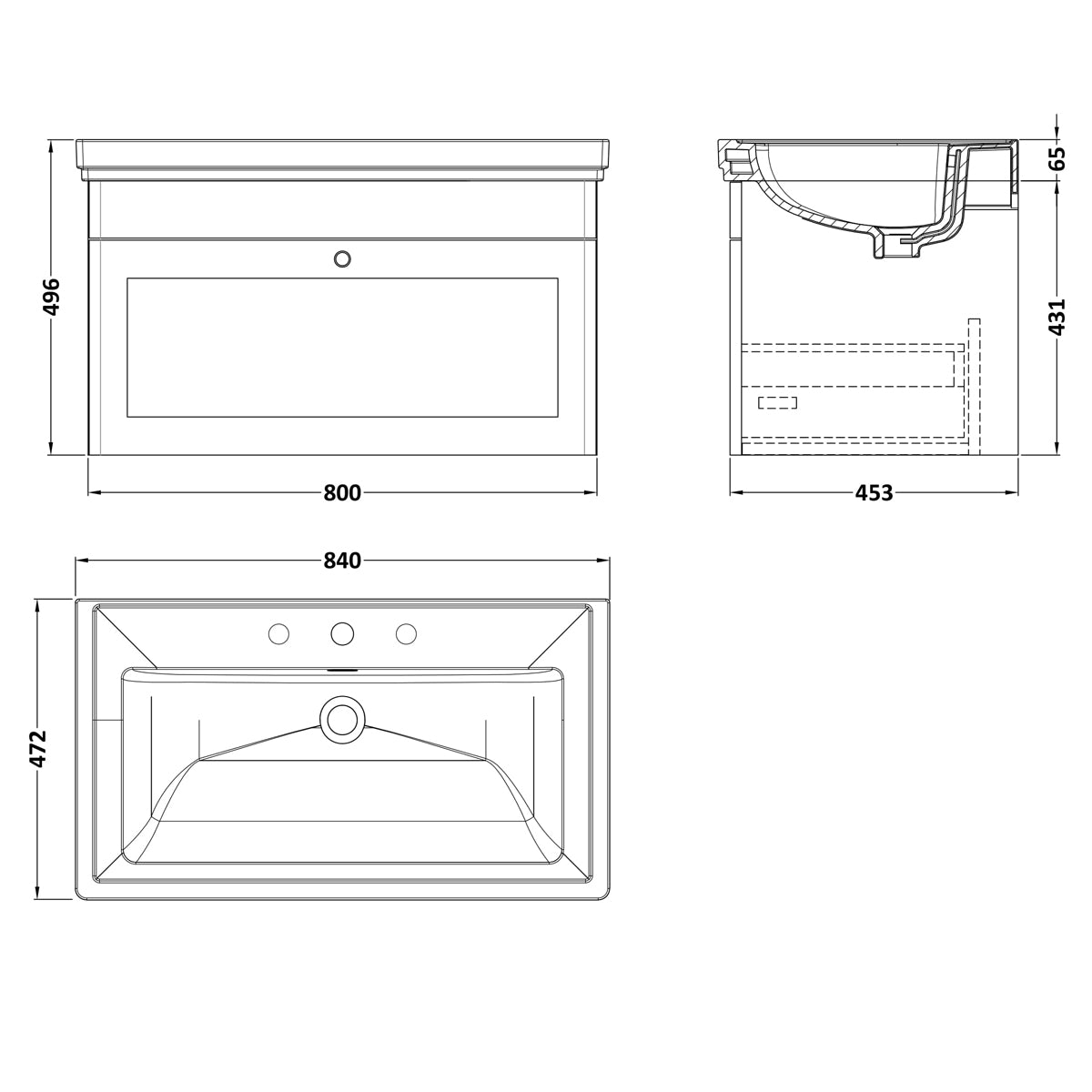 Fairford Laurel 800mm Wall Hung Satin Grey Vanity Unit - 3 Tap Hole