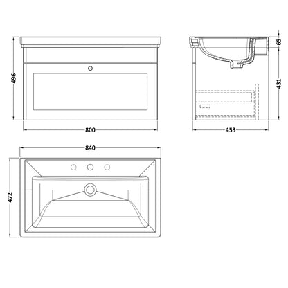 Fairford Laurel 800mm Wall Hung Satin Grey Vanity Unit - 3 Tap Hole