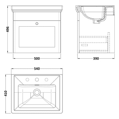 Fairford Laurel 500mm Wall Hung Satin Green Vanity Unit - 3 Tap Hole