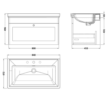 Fairford Laurel 800mm Wall Hung Satin Green Vanity Unit - 3 Tap Hole