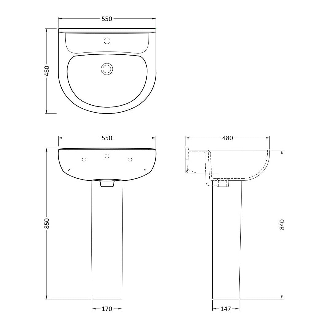 Fairford Kingsly 550mm 1 Tap Hole Basin with Full Pedestal