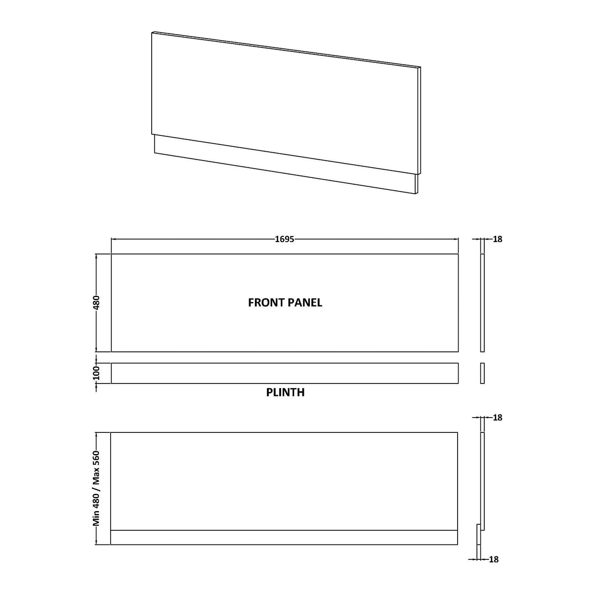 Fairford Charcoal Black Woodgrain 1700mm Bath Panel with Plinth
