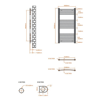 Fairford 600 x 1000mm Straight Matt Black Towel Rail