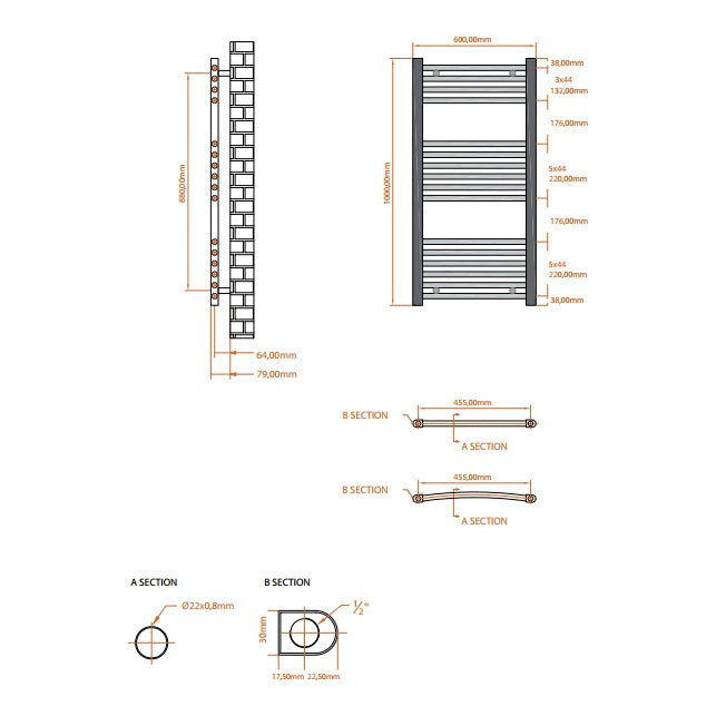 Fairford 600 x 1600mm Straight Matt Black Towel Rail