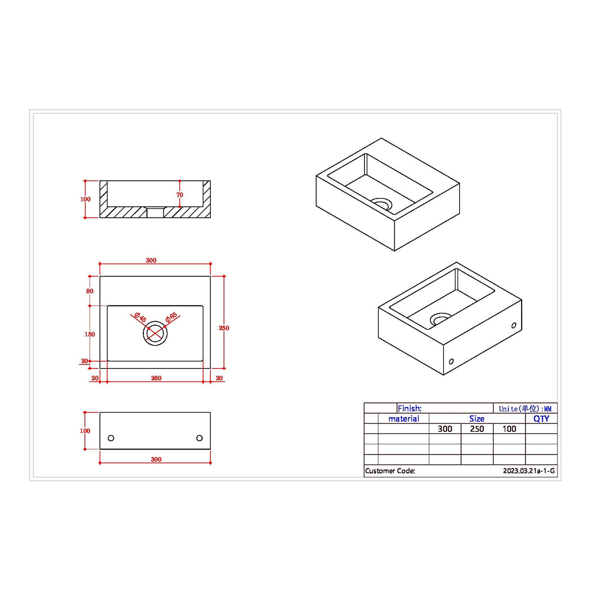 300 x 250mm 0 Tap Hole Wall Hung Basin