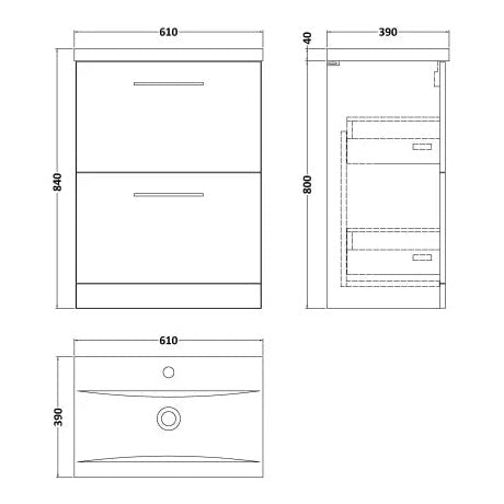 Fairford Aspri Soft Black 600mm 2 Drawer Floorstanding Vanity Unit