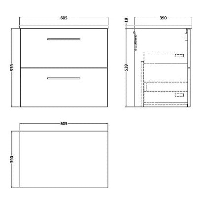 Fairford Aspri Solace Oak 600mm 2 Drawer Wall Hung Vanity Unit with Worktop