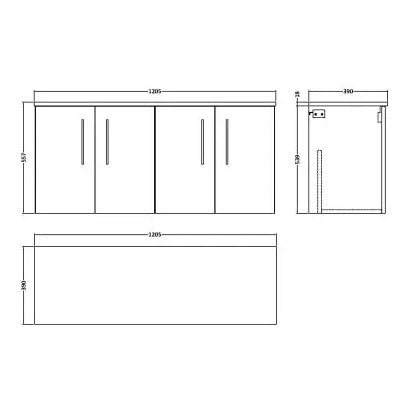 Fairford Aspri Satin Grey 1200mm 4 Door Wall Hung Vanity Unit with Worktop