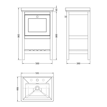Fairford Juliette Satin White 500mm 1 Drawer Floorstanding Vanity Unit with 3 Tap Hole Basin