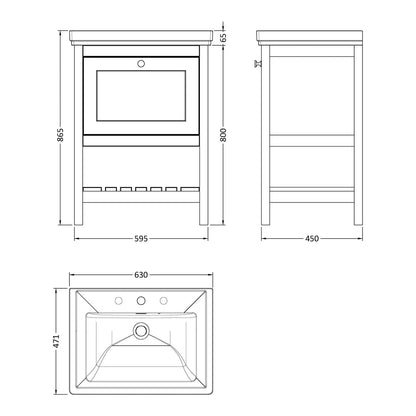 Fairford Juliette Satin White 600mm 1 Drawer Floorstanding Vanity Unit with 3 Tap Hole Basin