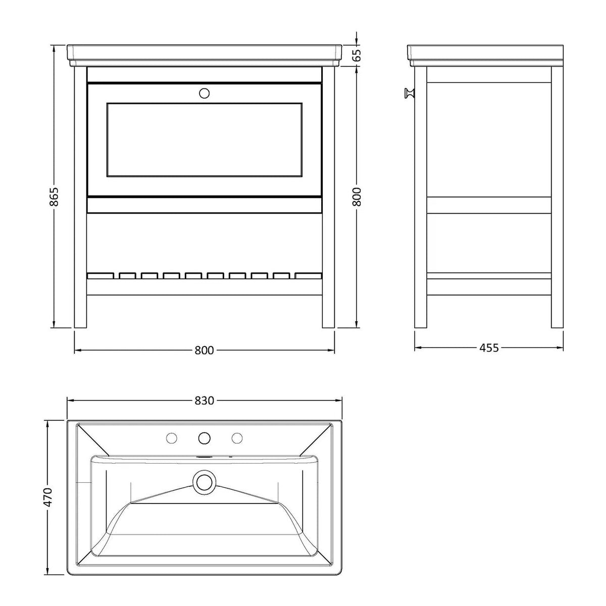 Fairford Juliette Satin White 800mm 1 Drawer Floorstanding Vanity Unit with 3 Tap Hole Basin