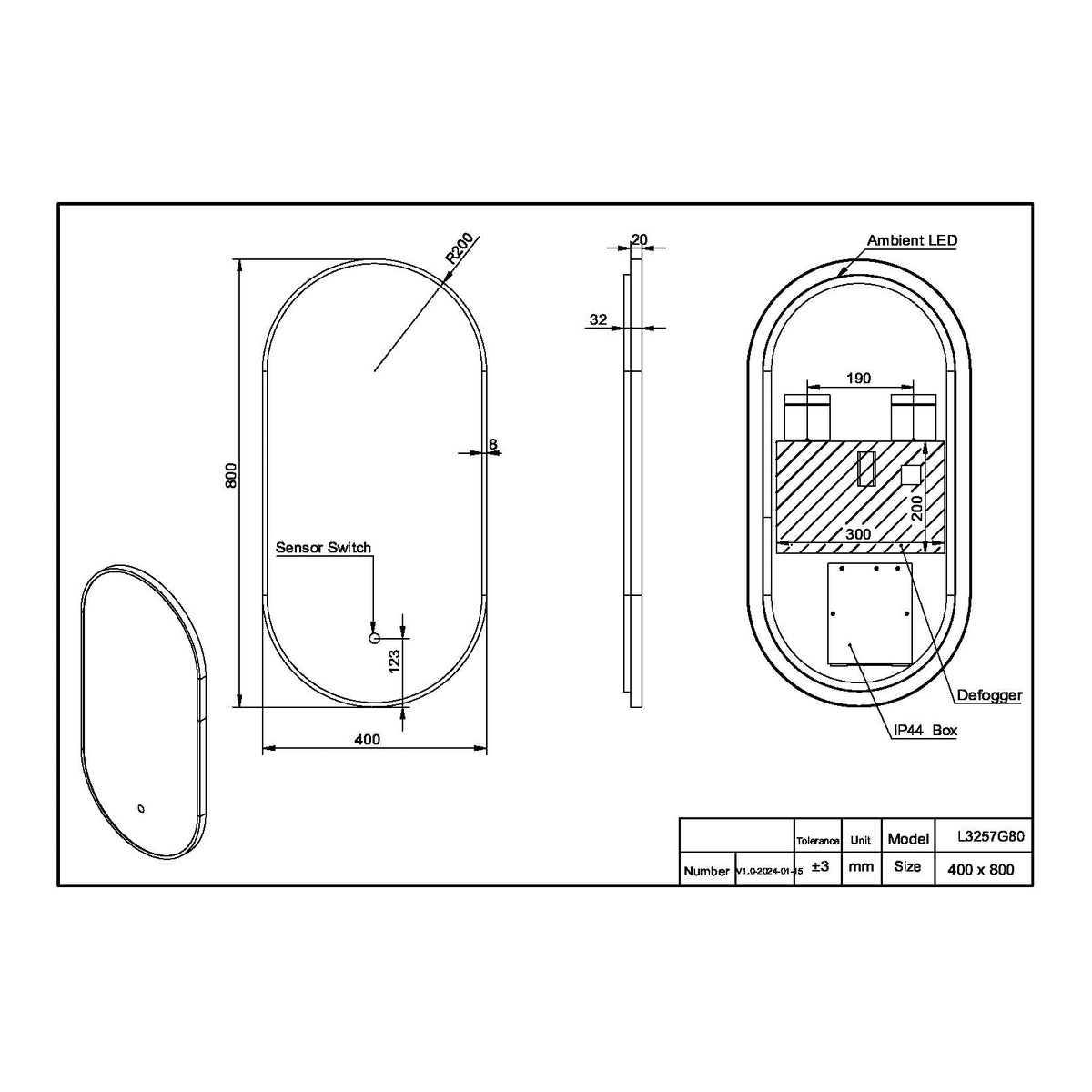 Fairford Aubrey Slim Matt Black 400 x 800mm Mirror