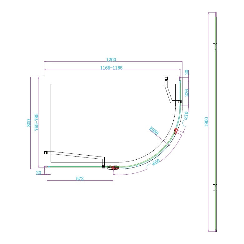 Fairford 8mm Frameless 1200 x 800mm Brushed Brass Offset Quadrant Enclosure