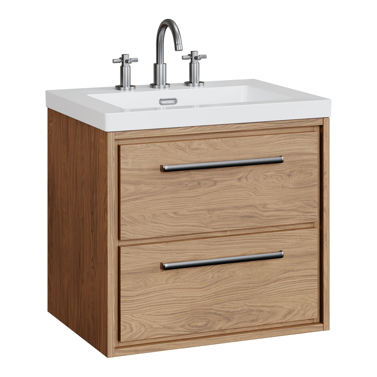Fairford Tisse Antique Oak 600mm 2 Drawer Wall Hung Vanity Unit with 3 Tap Hole Basin