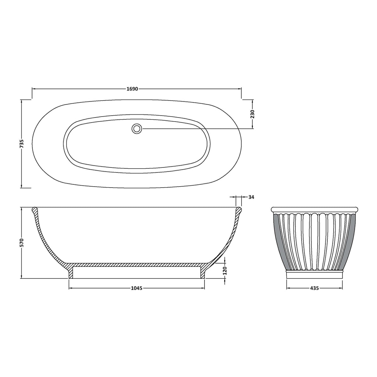 Fairford Trevi 1680 x 750 x 570mm Freestanding Bath