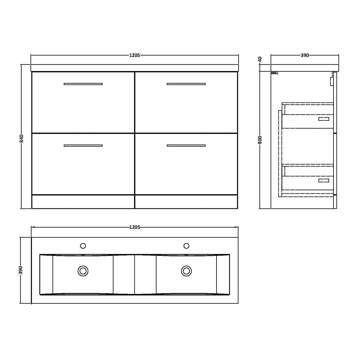 Fairford Aspri Satin Green 1200mm Floorstanding Double Vanity Unit with 4 Drawers and Basin