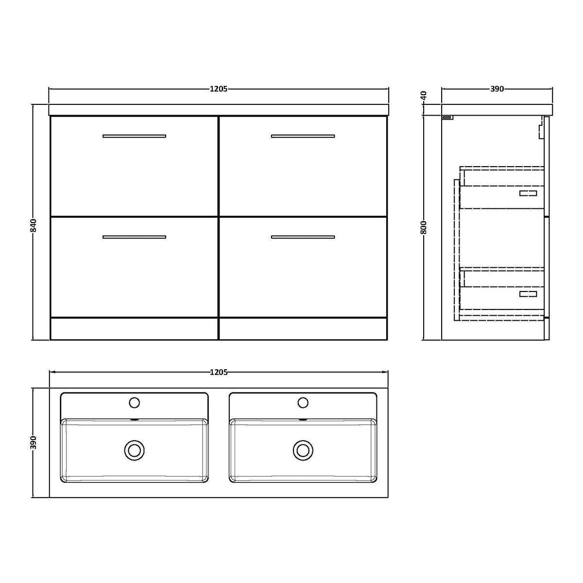 Fairford Aspri Grey Woodgrain 1200mm Floorstanding Double Vanity Unit with 4 Drawers and Basin