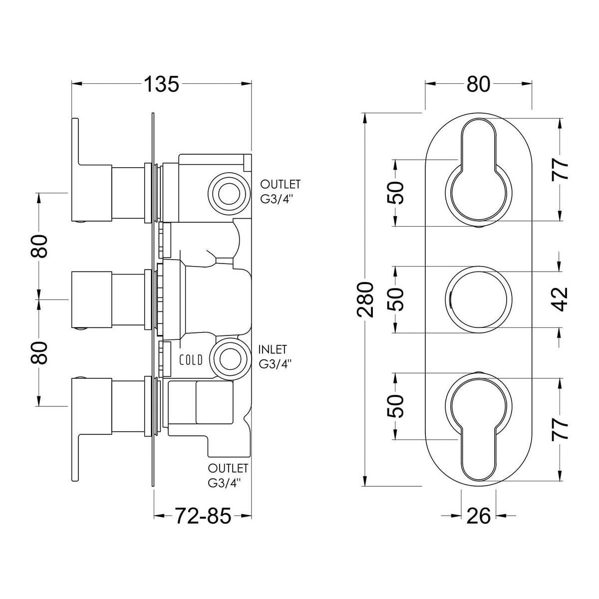 Fairford Element 10 Chrome Round Concealed Triple Shower Valve with Diverter, 3 Outlet