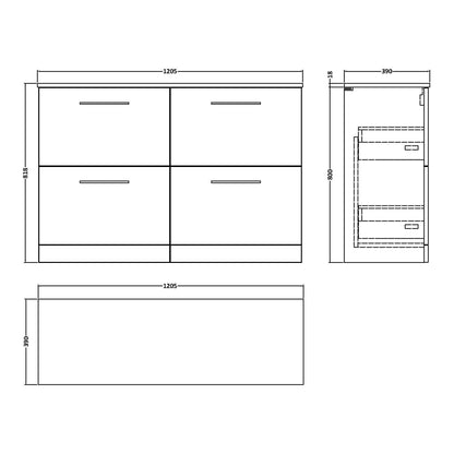 Fairford Aspri Satin Grey 1200mm 4 Drawer Floorstanding Vanity Unit with Worktop