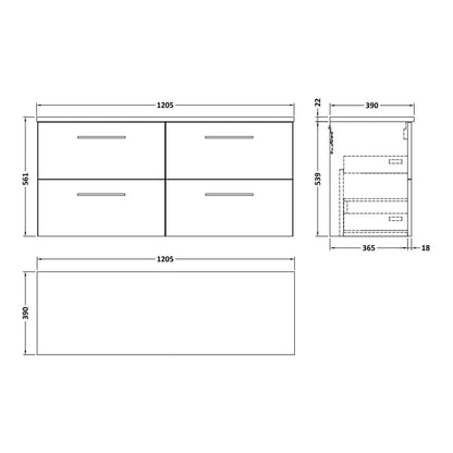 Fairford Aspri Soft Black 1200mm 4 Drawer Wall Hung Vanity Unit with Worktop