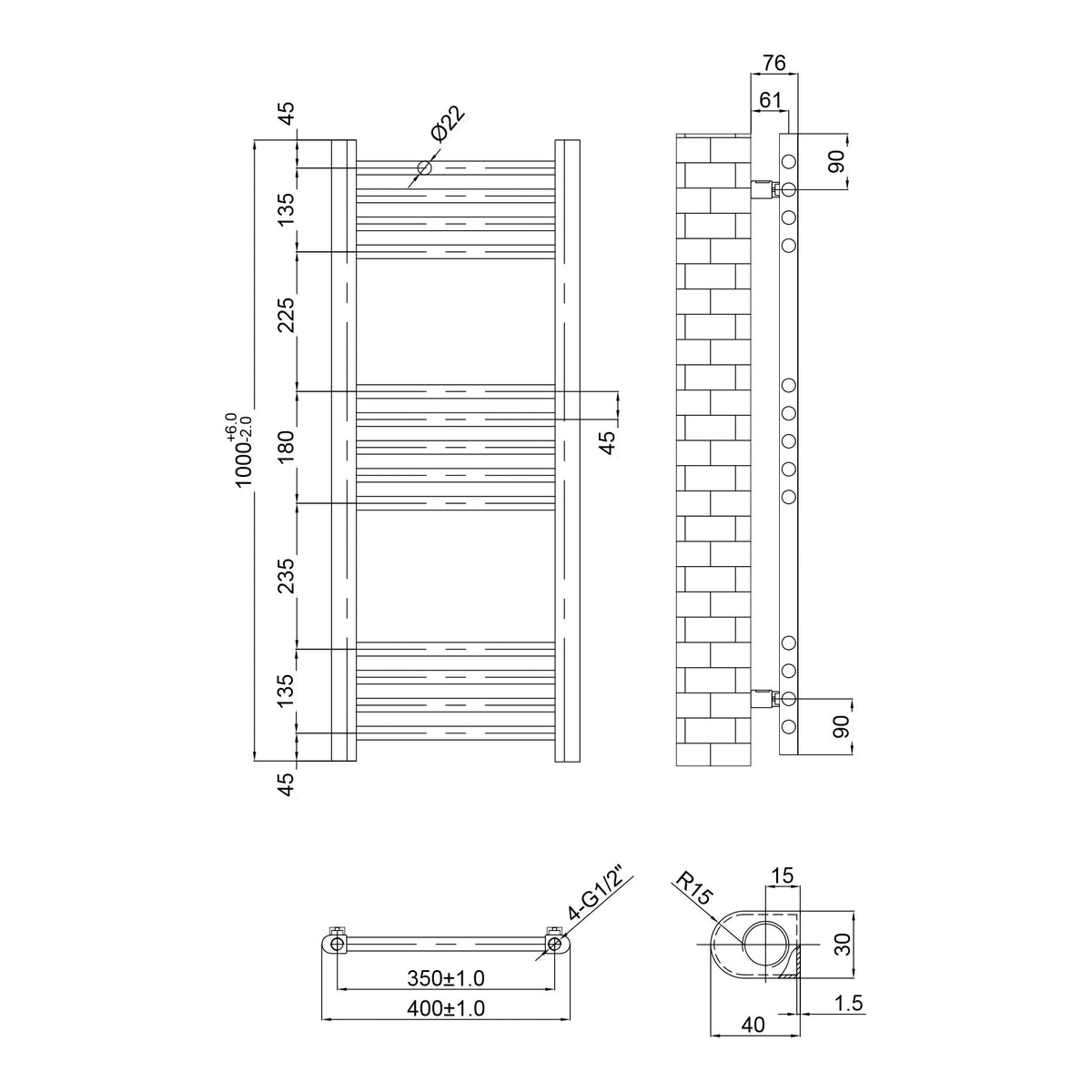Fairford Metis 1000 x 400mm Brushed Brass Towel Rail