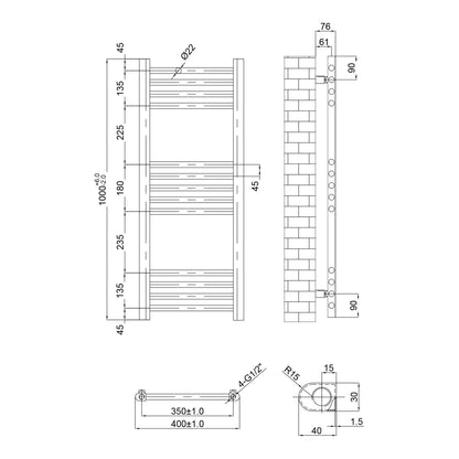 Fairford Metis 1000 x 400mm Brushed Brass Towel Rail