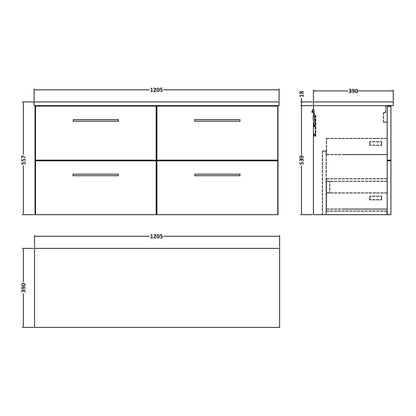 Fairford Aspri Black Woodgrain 1200mm 4 Drawer Wall Hung Vanity Unit with Worktop