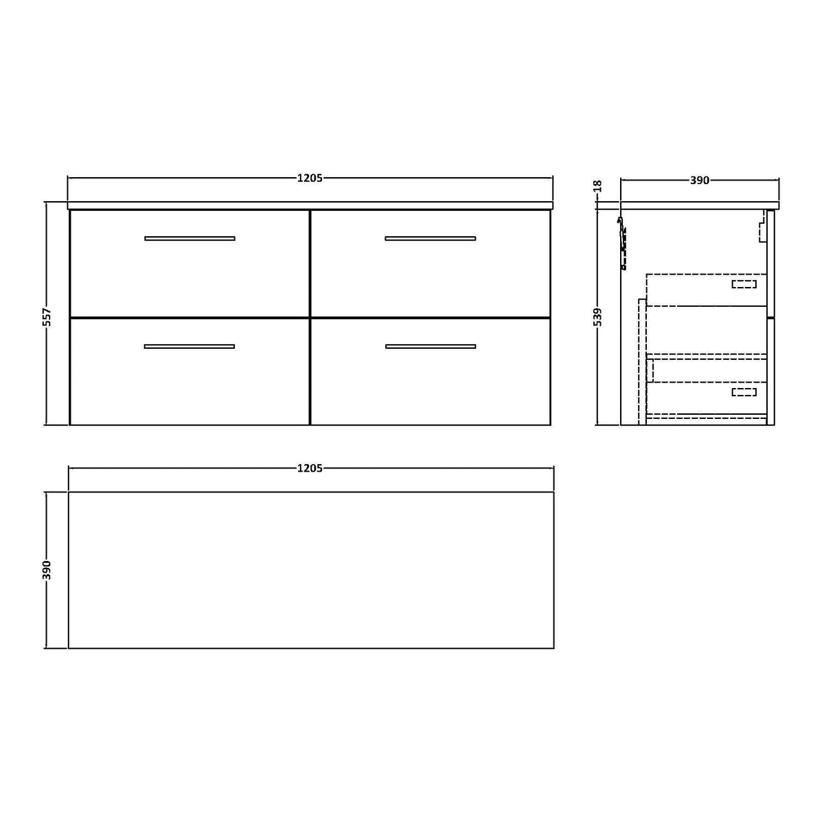 Fairford Aspri Bleached Oak 1200mm 4 Drawer Wall Hung Vanity Unit with Worktop