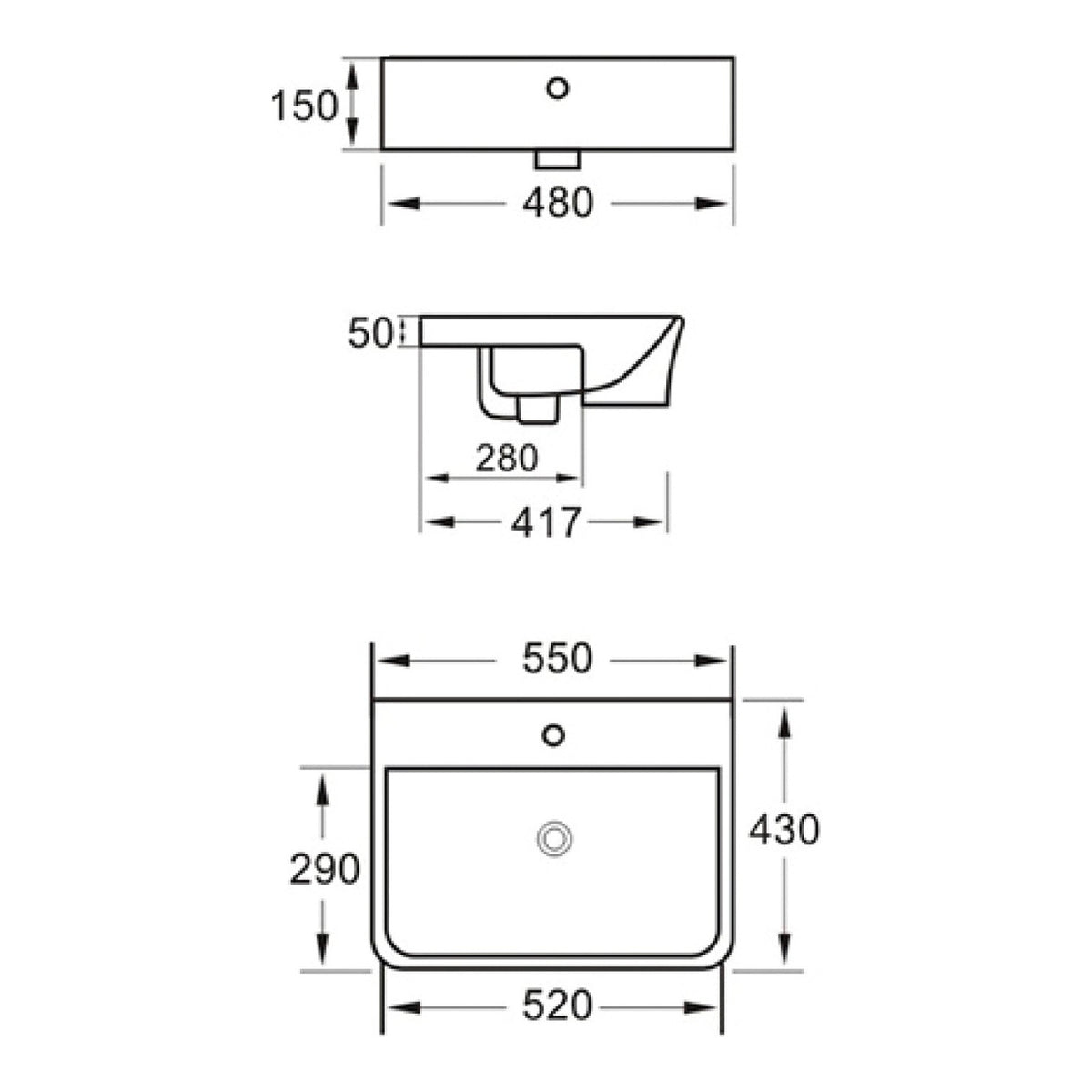 Fairford Lunar Semi Recessed Basin - 550mm Wide - White
